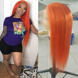 Transparent Lace Frontal Wigs Orange Straight Lace Front Wig 150% Density