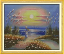 Seaside girl home decor paintings ,Handmade Cross Stitch Embroidery Needlework sets counted print on canvas DMC 14CT /11CT