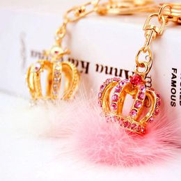 Fashion Fur Ball Keychain 3d Gold Tone Alloy Royal Crown Pendant Lobster Clasp Key Chain Rhinestone Crystal Metal Key Ring Holder