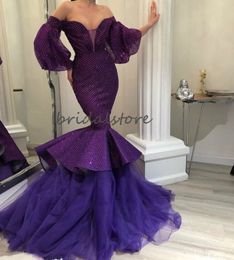 elegant chic evening dresses Canada - Chic Purple Mermaid Evening Dresses Off Shoulders Elegant Formal Evening Gowns 2020 Puff Sleeves Long Prom Dresses Graduacion Party Gown