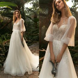 glitter aline wedding dresses jewel long sleeves appliqued lace tulle sequins beaded wedding gown elegant sweep train boho bridal gown