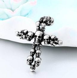 Wholesale- Punk Cross Skull Head Buddhist Artefact Titanium Steel Inlaid Zircon Panlong Dragon Carved Cross Vajra Pendant