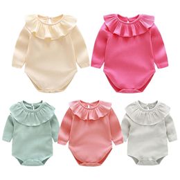 5 Colours Baby Girl Romper Suit Kid Boutique Clothing Toddler Solid Long sleeve Jumpsuit Bodysuit Ruffled Cute Autumn clothes M662