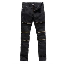 Mens Jeans Fashion Ripped Skinny Distressed Destroyed Straight Fit Zipper Motor with Holes Motorcycle Slim Pencil Pants