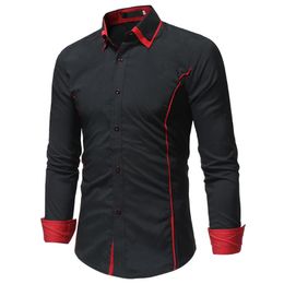 Fashion Brand Long Sleeve Shirt Men Slim Double Collar Design Casual Dress Shirt Plus Size Black
