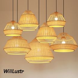 Hand Knitted Bamboo Pendant Lamp Wood Patchwork Suspension Light Restaurant Hotel Cafe Dining Room Bedroom Zen Hanging Lighting