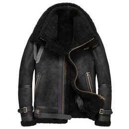 2019 New Mens Black B3 Sheepskin Shearling Jacket Double Collar Leather Jacket Short Winter Fur Coat Mens Motorcycle