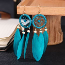 S1469 Bohemian Fashion Jewellery Vintage Dreamcatcher Earrings Wood Beads Handmade Feather Tassel Dangle Earrings