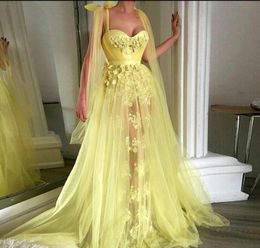 Yellow Muslim Evening Dresses 2019 A-line flower Sweetheart Tulle Lace Long Islamic Dubai Saudi Arabic Long Formal Prom Evening Gown