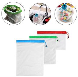 12pcs/set Polyester mesh fabric splicing vegetable and fruit bags sundries collection mesh bags repeatable rope-drawing mesh bags T3I5071