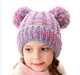 Winter Knitted Baby Hats Girls Boys Sweet Beanies with Two Fur Pompoms Balls Kids Caps Babe Girl Warm Soft Label Hat Cap