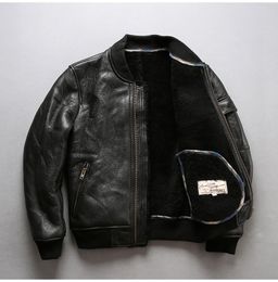 Stand collar 2 colours AVIREXFLY Men leather jackets bomber jackets with Sheep shearing fur Flocking sheepskin genuine leather
