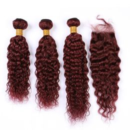 Wine Red Malaysian Wet and Wavy Human Hair Weaves 3Bundles with Closure 4Pcs Lot Burgundy Wet and Wavy Lace Closure 4x4 with Bundles
