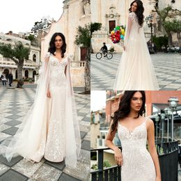 Elegant Mermaid Wedding Dresses With Wrap Lace Applique Spaghetti Sweep Train Beach Wedding Dress Custom Made Bohemia robes de mariée