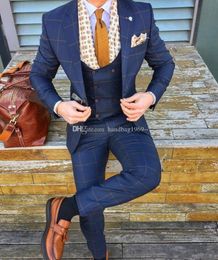 Handsome Blue Plaid Groom Tuxedos Notch Lapel Groomsmen Mens Wedding/Prom/Dinner Best Man Blazer (Jacket+Pants+Vest+Tie) K115