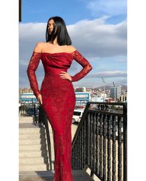 2020 Arabic Aso Ebi Red Lace Beaded Sexy Evening Dresses Sheath Long Sleeves Prom Dresses Vintage Formal Party Second Reception Gowns ZJ357