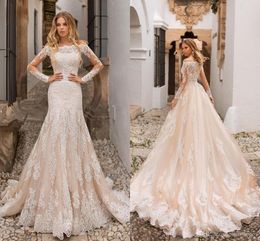 Modest Champagne Long Sleeve Wedding Dresses 2020 Off the Shoulder Mermaid Lace Appliques Long Bridal Gowns Custom Made