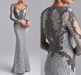 2020 New Custom Made Mother Of The Bride Dresses Mermaid V-neck Long Sleeves Silver Lace Beaded Mother Dresses Evening Dresses For Wedding