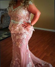 Pink Plus Size Prom Dresses Mermaid Deep V Neck Lace Appliqued Beaded Sash Plus Size Mother Of The Bride Dresses