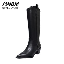 ISNOM Western Boots Women Knee High Cowboy Boots Fashion Pointed Toe Sewing Shoes Female High Heels Thick Shoes Ladies Autumn