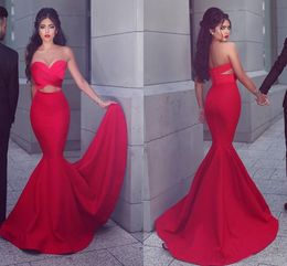 Sexy Red Mermaid Evening Gowns 2019 Strapless Ruffles Cutaway Waist Prom Dresses Satin Floor Length Said Mhamad Formal Party Dresses