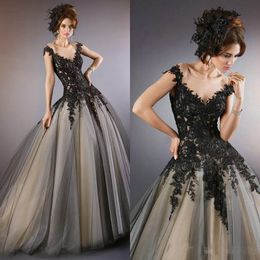 Vintage Black Wedding Dresses A Line 2019 Sheer Neck Cap Sleeves Custom Made Cheap Gothic Bridal Wedding Gowns For Wedding Vestidos