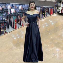 Dark Navy Off-shoulder Floor-Length Bridesmaid Dresses Satin With Sash and Crystal Beach Boho Bridesmaid Gowns