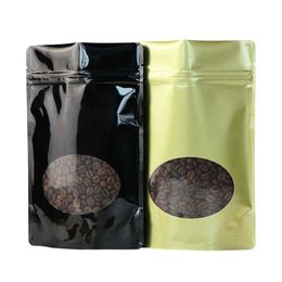 0.25 / 0.5 / 1 Pound Coffee Bean Packaging Storage Bag Gold Black Aluminium Foil Stand Up Coffee Bags with Clear Window 50pcs