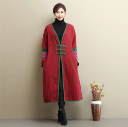 Retro Traditional leisure Robe Coat Cotton linen original design Chinese cardigan long trench coat embroidered button v-neck outer Overcoat