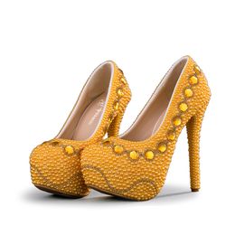 New Designer Yellow Bridal Shoes Handmade Pearl Wedding Party Shoes Lady Formal Dress Shoes Stiletto Heels Prom Pumps Mother of the Bride