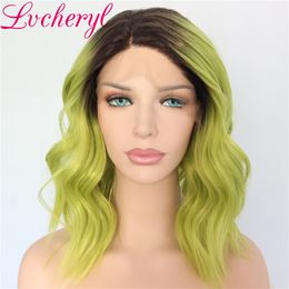 New Sexy Two Tones Ombre Green Short Bob Hair Heat Resistant Fiber Body Wave Synthetic Lace Front Wigs for Black Women Free Part