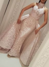 Muslim Evening Dresses Mermaid High Neck Detachable Skirt Lace Islamic Dubai Kaftan Saudi Arabic Long Evening Gown Prom