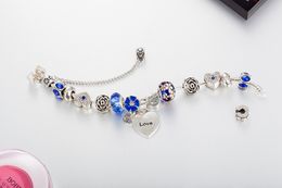 Wholesale- Bracelets Silver plated Bangle For Women heart Bracelet blue chamilia Beads flower charms Diy Jewelry as christmas gift