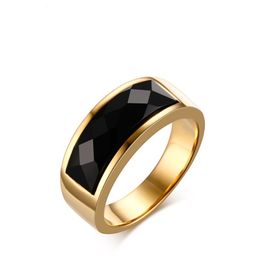 black gemstone gold ring UK - Black Gold Color Fashion Men's Rings Stainless Steel Gemstone Agate Ring Jewelry Gift for Women Men J203