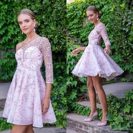 Sexy Elegant Pink Sheer Cocktail Dresses 3D Floral One Should A Line Lace Homecoming Gowns Short Prom Dress Graduation WearPlus Size