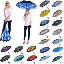 New Folding Reverse Umbrella Double Layer C Handle Umbrellas Inverted Long Handle Windproof Rain Car Umbrellas