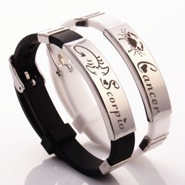 Edelstahl-Gummi-Armband für Männer, 12 Sternbilder, weiß, schwarz, Silikon-Armband, Armreifen, Sternzeichen-Manschette, Schmuck für Frauenliebhaber, Geschenke