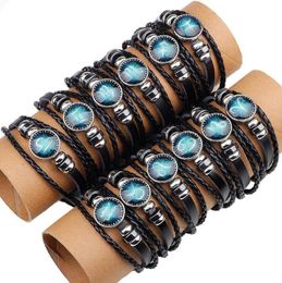 New Adjustable Twelve Constellations Leather Bracelets fashion hand-woven beads DIY retro Zodiac bracelet for women and men gift