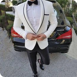 Latest Design One Button Ivory Groom Tuxedos Shawl Lapel Men Suits 2 pieces Wedding/Prom/Dinner Blazer (Jacket+Pants+Tie) W718