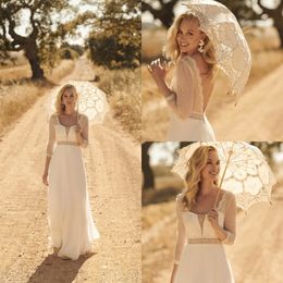 2020 Modest Rembo Styling Bohemian Scoop 3/4 Long Sleeve Backless Wedding Dresses Lace Applique Wedding Gowns Floor Length robe de mariée