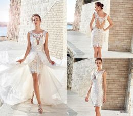 Eddy K Short Wedding Dresses With Detachable Skirt Lace Appliques Sleeveless Beach Bridal Gowns Plus Size Bohemian Wedding Dress robe de mar