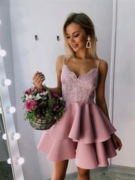 Elegant Spaghetti Straps A Line V Neck Lace Sequin Robe Cocktail Dresses Graduation Homecoming Blush Pink Short Prom Dress B67