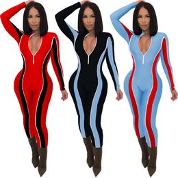 Fall winter Women stripe Jumpsuits fashion contrast bodysuits sexy long sleeve Rompers Casual plus size stripe Overalls night club wear 2416