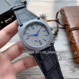 NEW Octo Finissimo Titanium case 102945 Automatic Mens Watch Grey dial Blue hour markers and pointers Gents best sport watches leather strap