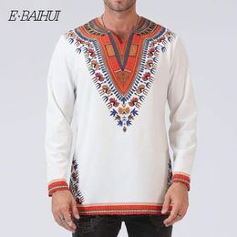 E-BAIHUI 2021 Africa Shirts Men Clothing Spring Social Shirt African Tranditional Print V Neck Casual Shirt Men's Slim Fit Long Sleeve Top T-FZ