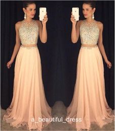 Elegant Fake Two Pieces Chiffon Long Prom Dresses Sheer Tulle Beaded Stones Top Floor Length Formal Party Evening Dresses ED1250