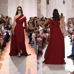 Elegant Elie Saab Wine Red Satin Jumpsuit Evening Dresses Custom Detachable Train Prom Dresses One Shoulder Women Formal Party Gowns