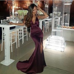 Brgundy Evening Spaghetti Straps Backless V-Neck Mermaid Silk Satin Prom Dresses Open Back Court Train Party Gown For Prom