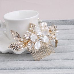 Wholesale- Gold Freshwater Pearls Hair Comb Vintage Bridal Hair Jewellery Wedding Combs Accessories Flower Women Headwear