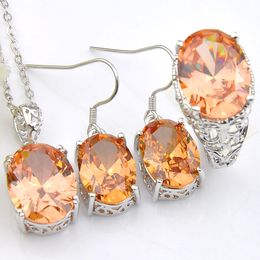 3Pieces/Set Classic Jewelry Full Morganite Champagne Color 925 Silver Plated Pendants Rings Dangle Earrings Jewerly Set Holiday Party Gift